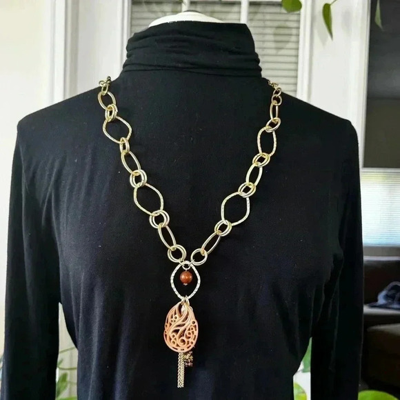 Chico's Gold Tone Long Circle Oval Chain Link Statement Necklace Y Chain - Picture 6 of 6